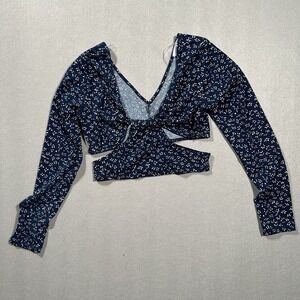 Lush Womens Small Blue Floral Long Sleeve Tie Front Crop Top Cutout